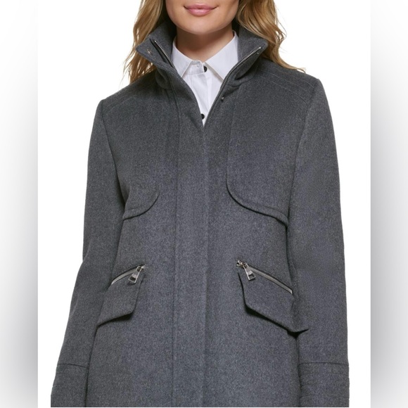 Karl Lagerfeld Paris Wool Stand Collar Coat | Medium | Navy - Picture 5 of 17